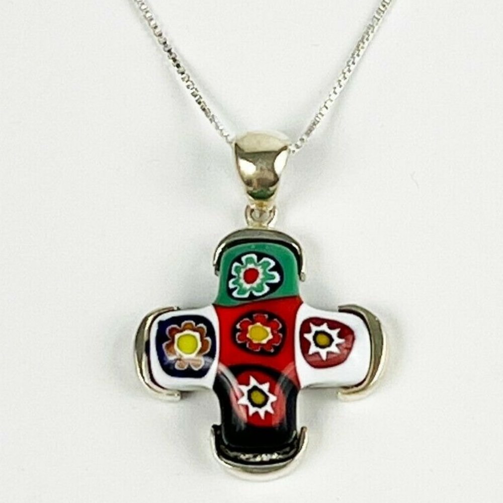 Venetian Art Glass Millefiori & Sterling Silver Square Cross Pendant Alan K